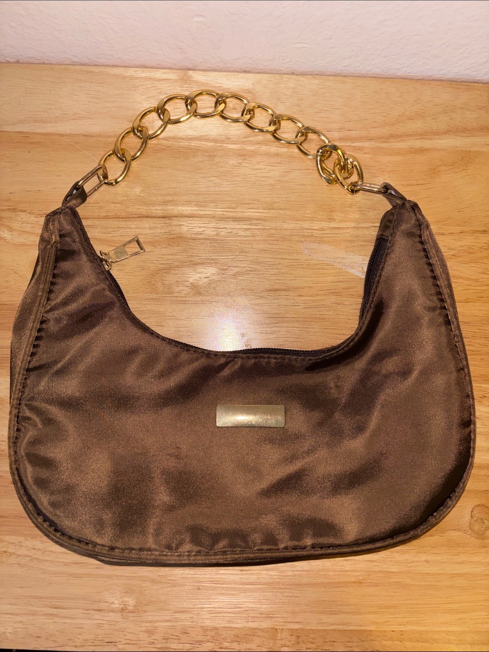 Women's Small Brown Crescent Shoulder Bag with Gold Chain